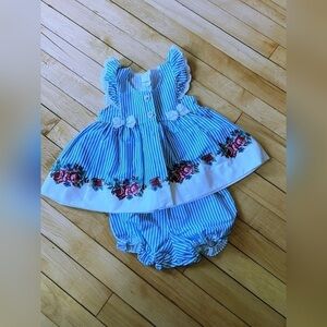 Vintage blue striped floral print infant dress